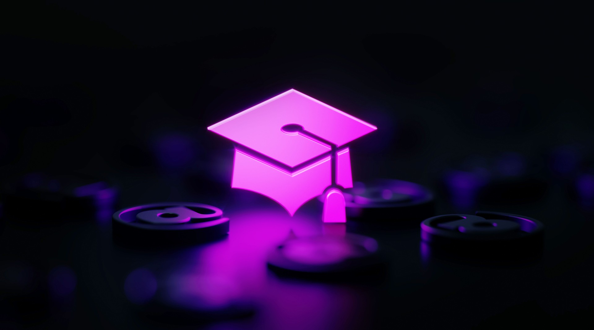 Webinar Concept - Graduation Cap Symbol Glowing Amid Black At Symbols On Black Background